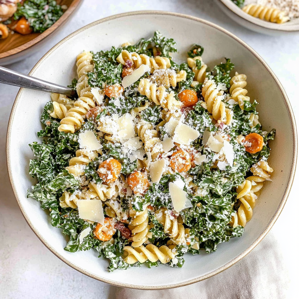 Recipe preparation for Kale Caesar Pasta Salad