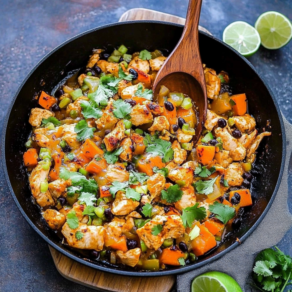 Recipe preparation for Mexican Chicken, Sweet Potato and Black Bean Skillet