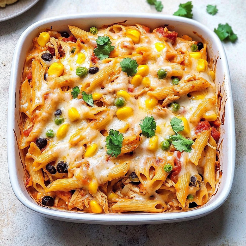 Recipe preparation for Chicken Burrito Pasta Bake