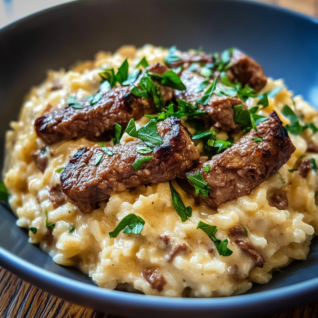 Recipe preparation for creamy queso rice with juicy steak strips