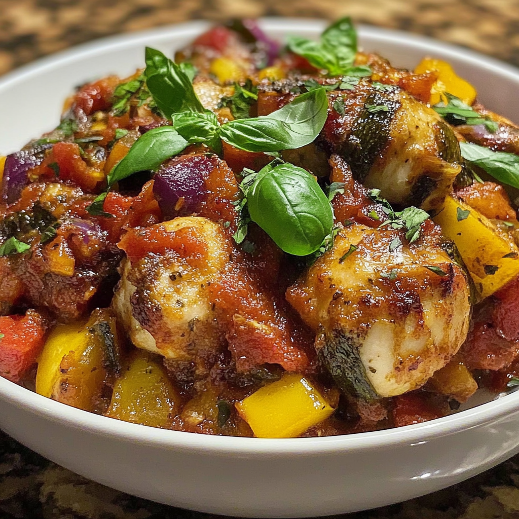 Recipe preparation for Colorful Ratatouille Chicken Bake