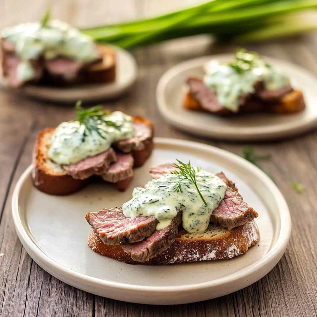 Recipe preparation for Steak Crostini with Blue Cheese Sauce