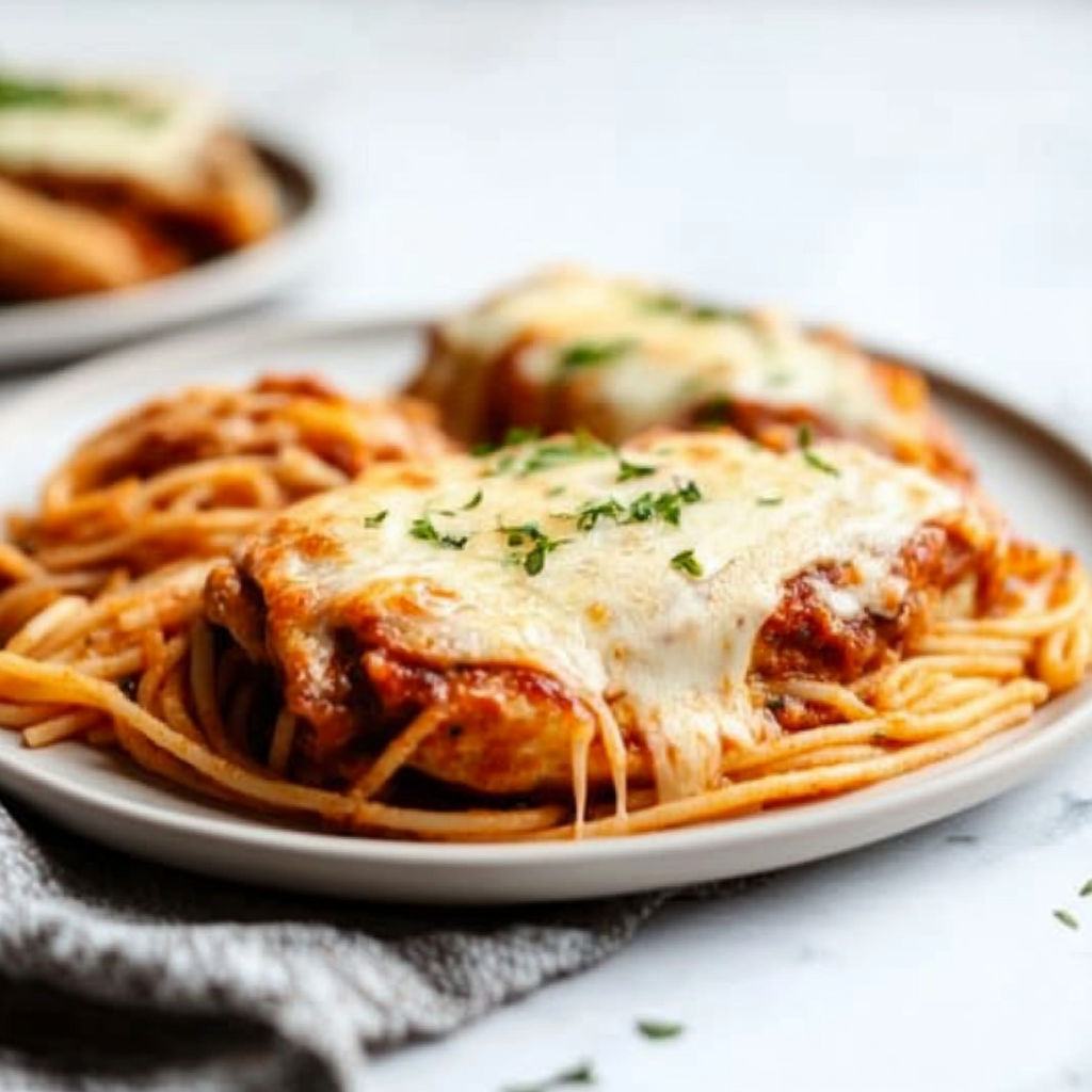 Recipe preparation for chicken parmesan with spaghetti