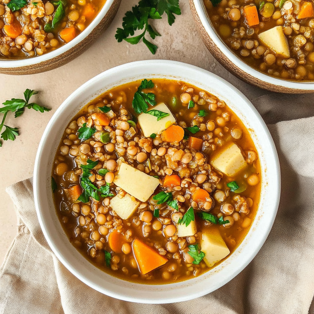 Recipe preparation for vegetable soup with barley and lentils