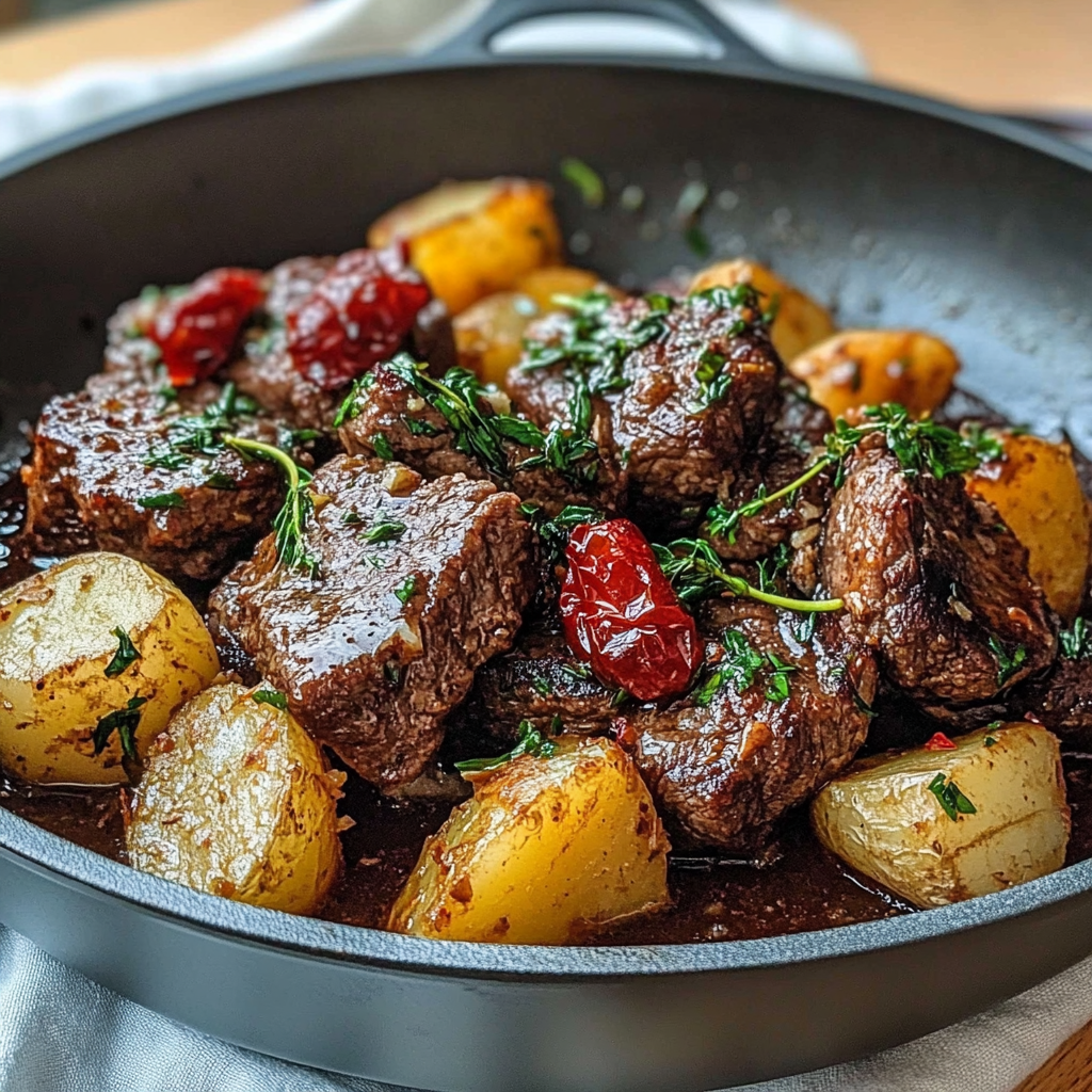 Recipe preparation for Garlic Butter Steak & Potato Skillet