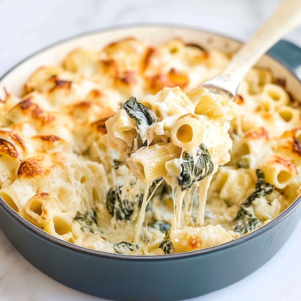 Recipe preparation for Creamy Spinach Artichoke Pasta Bake