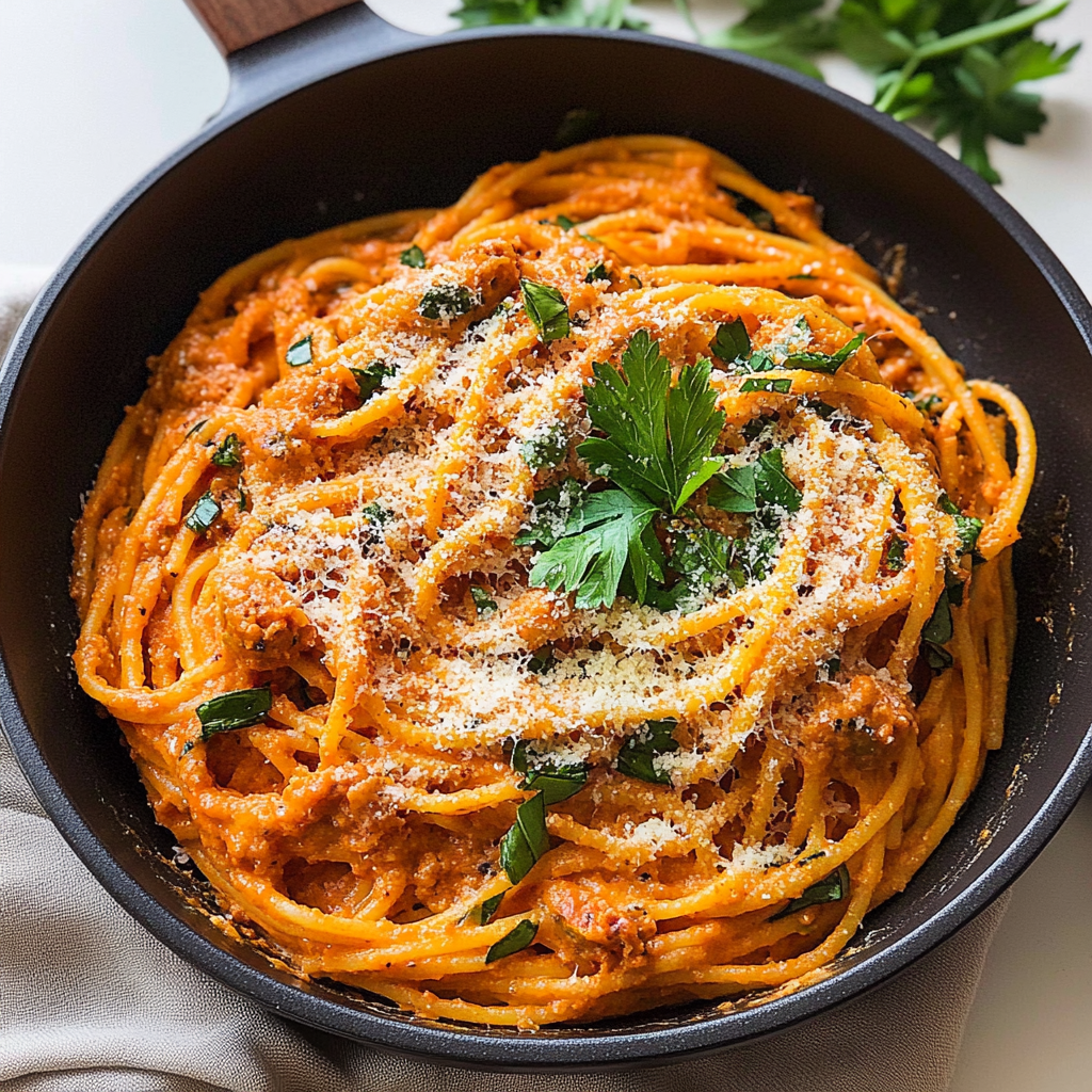 Recipe preparation for Spaghetti with Creamy Roasted Bell Pepper Sauce