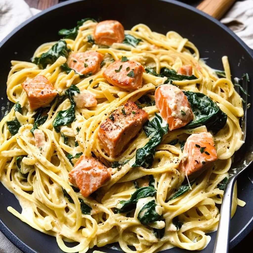 Recipe preparation for Creamy Spinach Pasta with Smoked Salmon