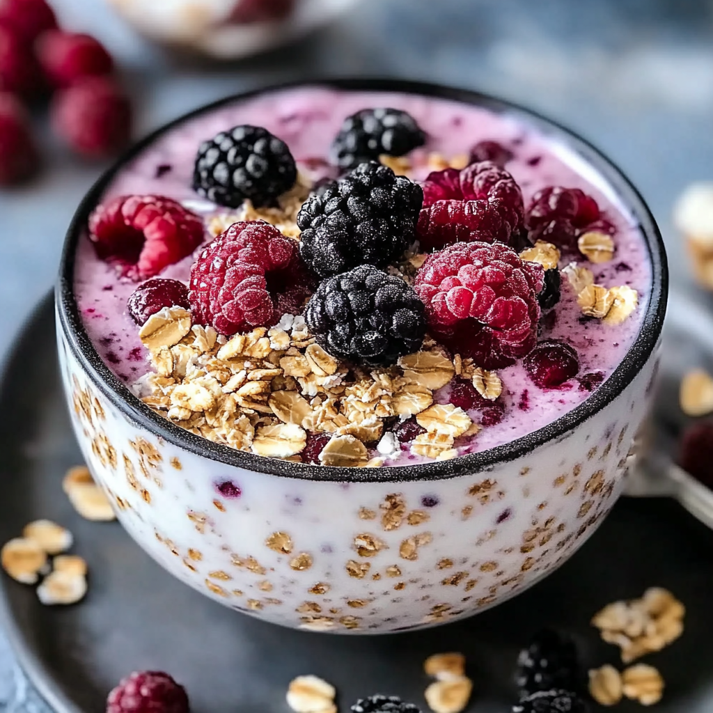 Recipe preparation for Mixed Berry Cheesecake Overnight Oats
