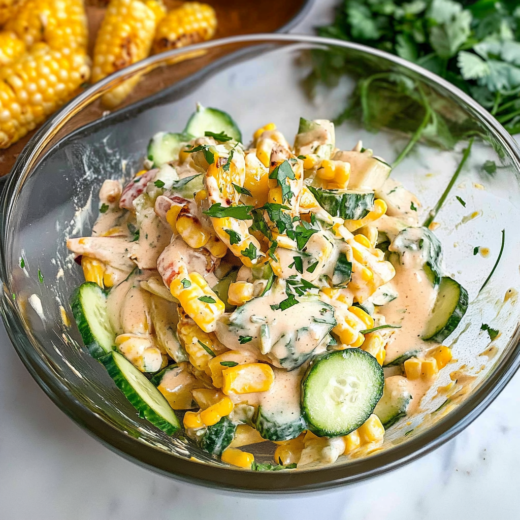 Recipe preparation for Street Corn Creamy Cucumber Salad