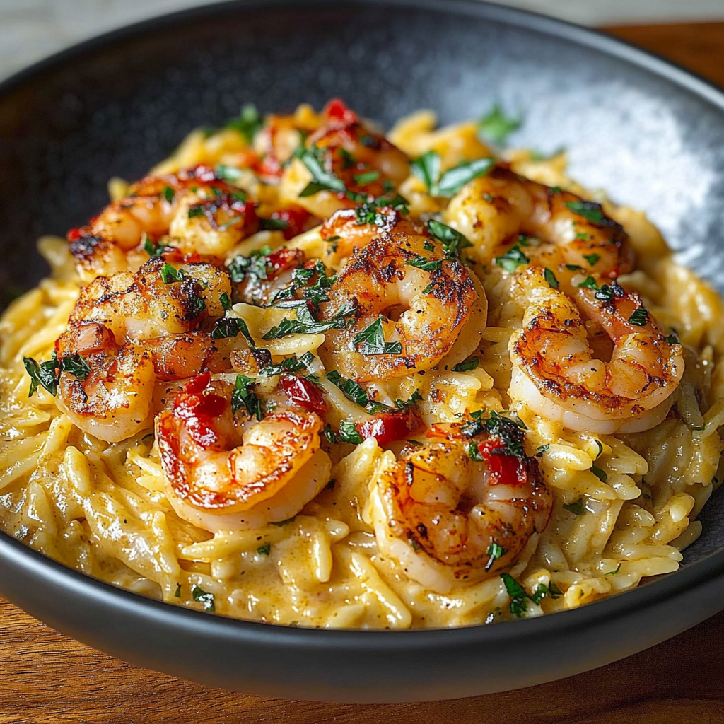 Recipe preparation for Creamy Cajun Shrimp Orzo