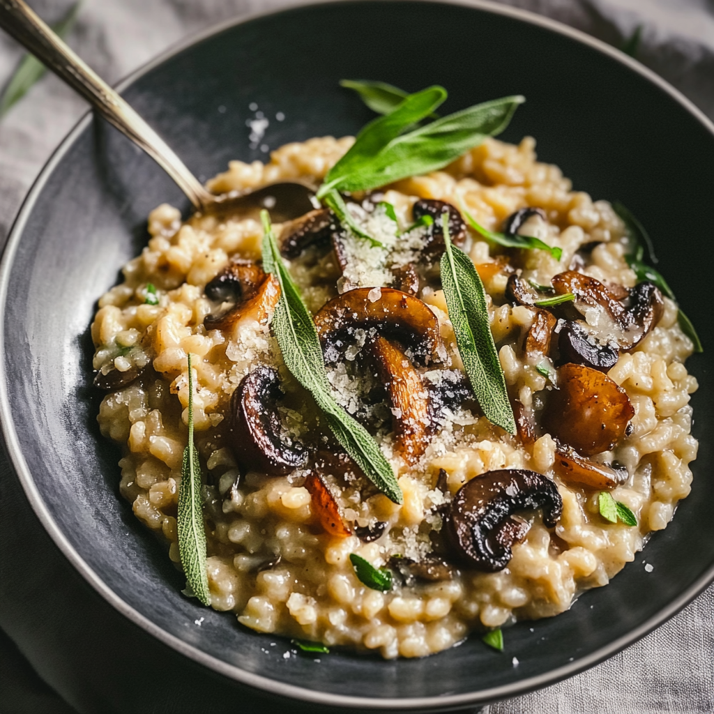 Recipe preparation for Creamy Mushroom Risotto with Crispy Sage