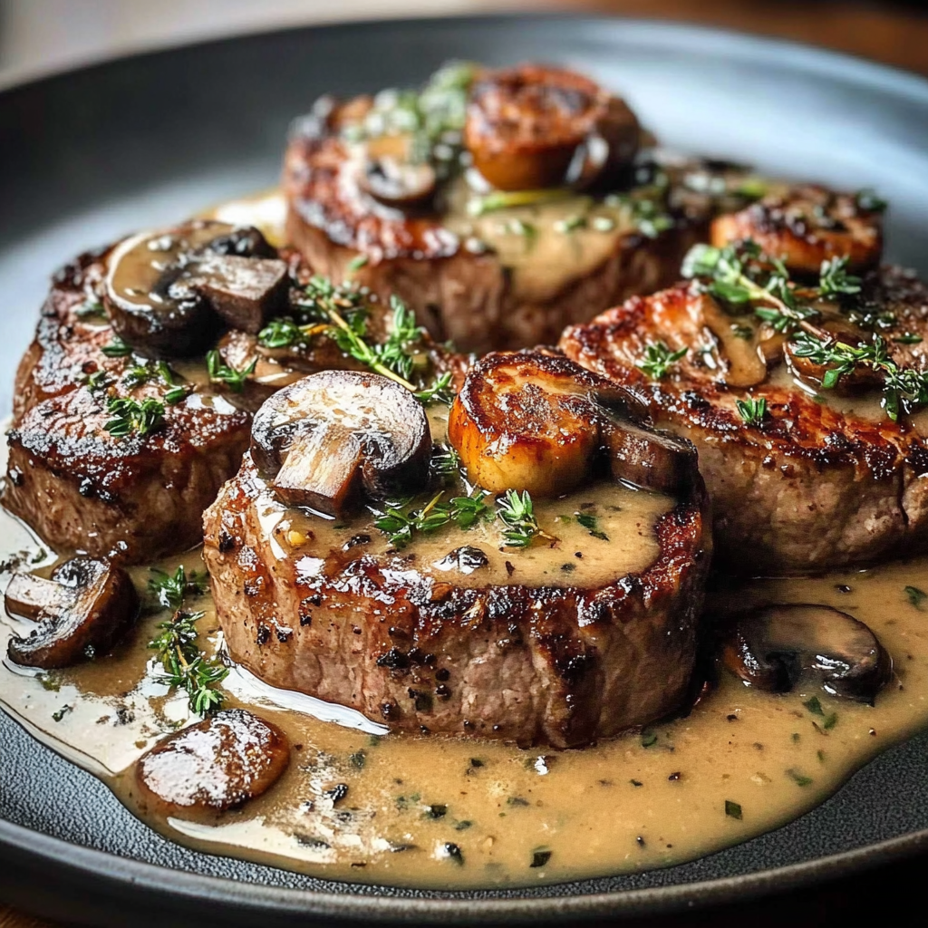 Recipe preparation for Ribeye Steaks with Mushroom Sauce