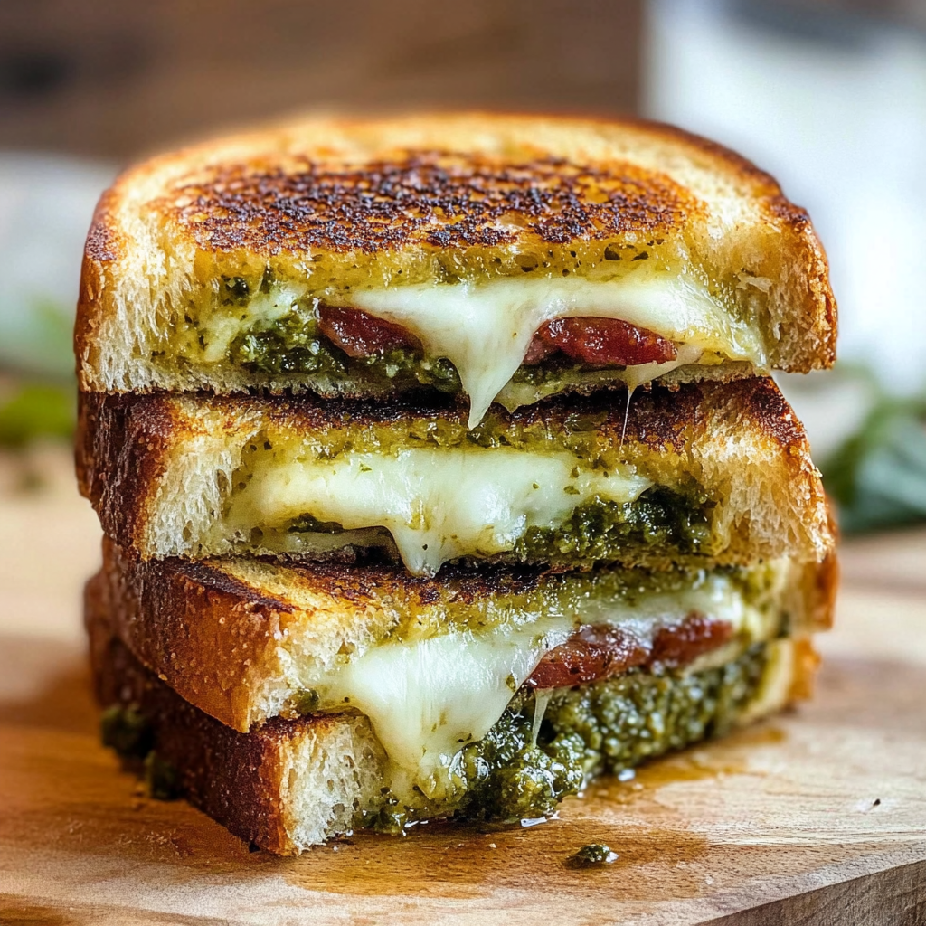 Recipe preparation for Sourdough Pesto Grilled Cheese