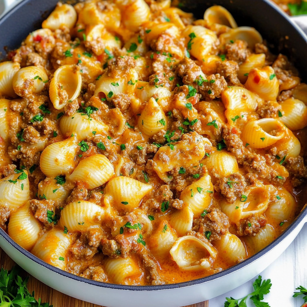 Recipe preparation for Creamy Beef and Shells