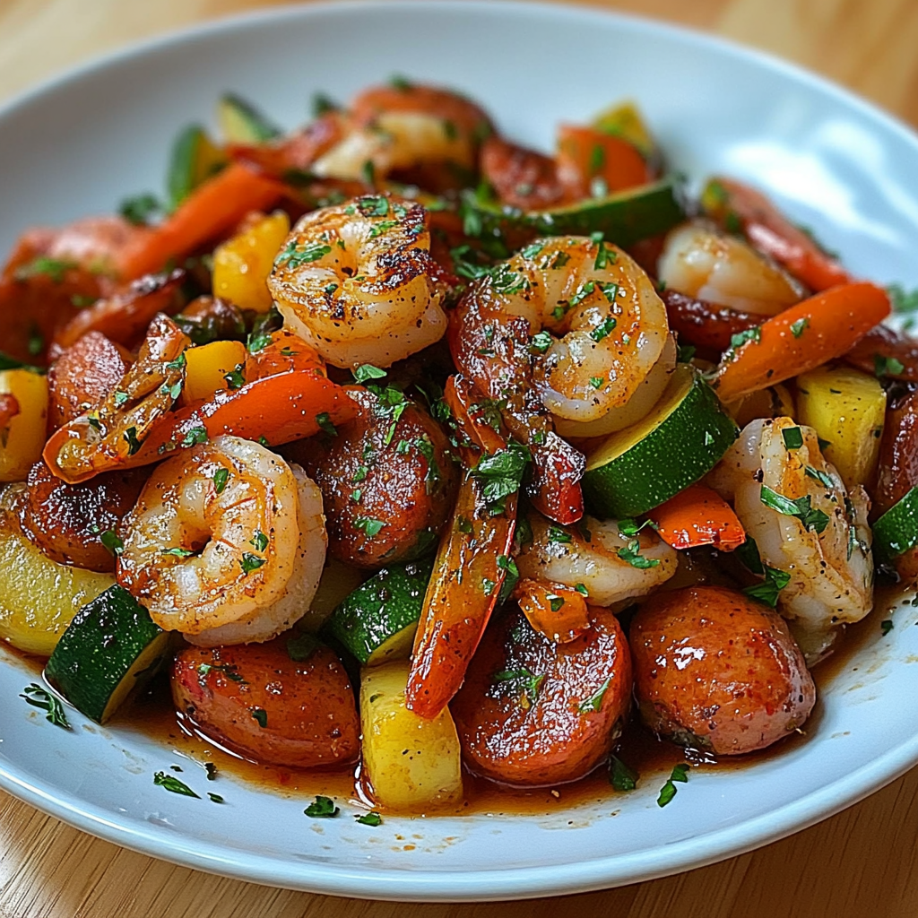 Recipe preparation for Shrimp and Sausage Veggie Skillet