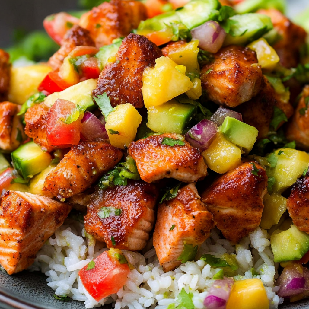 Recipe preparation for Crispy Air Fryer Salmon Bites whit Mango Salsa