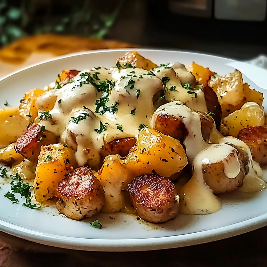 Recipe preparation for cheesy ranch potatoes and smoked sausage