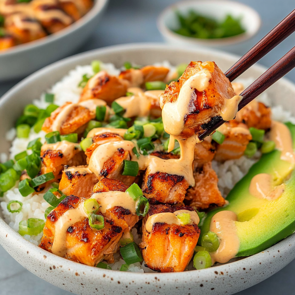 Recipe preparation for spicy salmon maki bowls