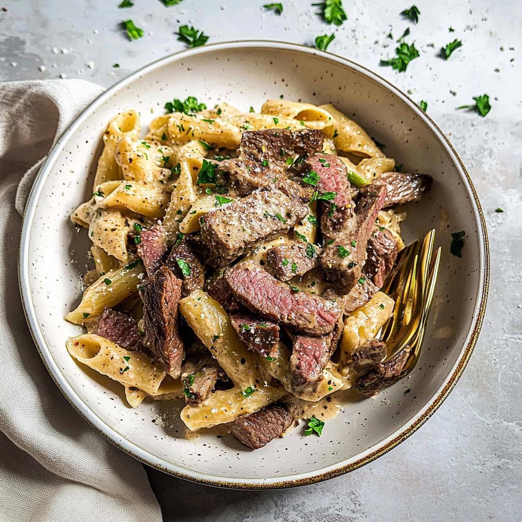 Recipe preparation for Creamy Steak Pasta