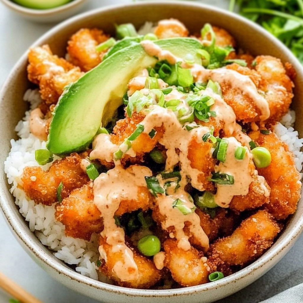 Recipe preparation for Bang Bang Shrimp Rice Bowl