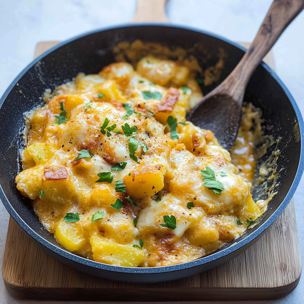 Recipe preparation for Cheesy Potato Egg Scramble