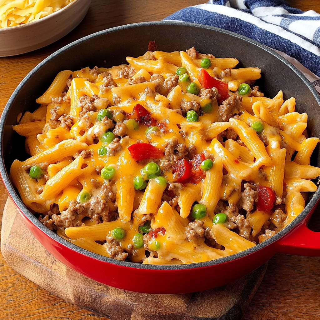 Recipe preparation for Loaded Beef Cheeseburger Alfredo Pasta