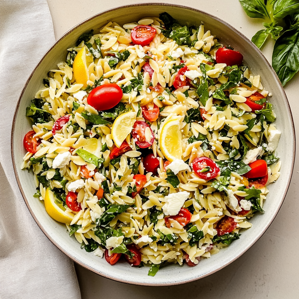 Recipe preparation for Orzo Pasta Salad with Lemon Vinaigrette