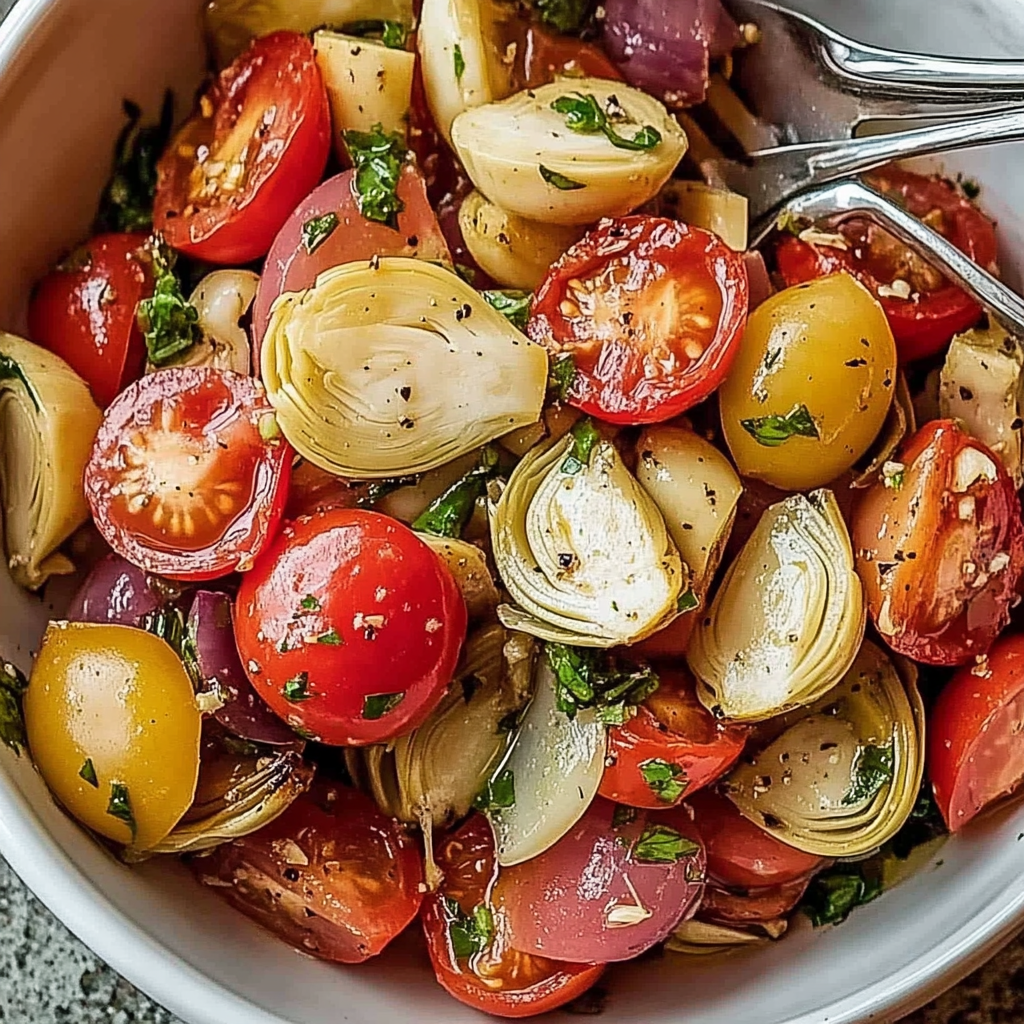 Recipe preparation for Tuscan Artichoke Tomato Salad